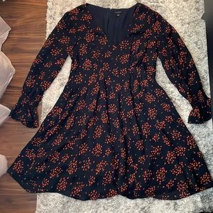 Ann Taylor Dress, Size 10, Navy Blue & Pink Floral long sleeve, V-neck.